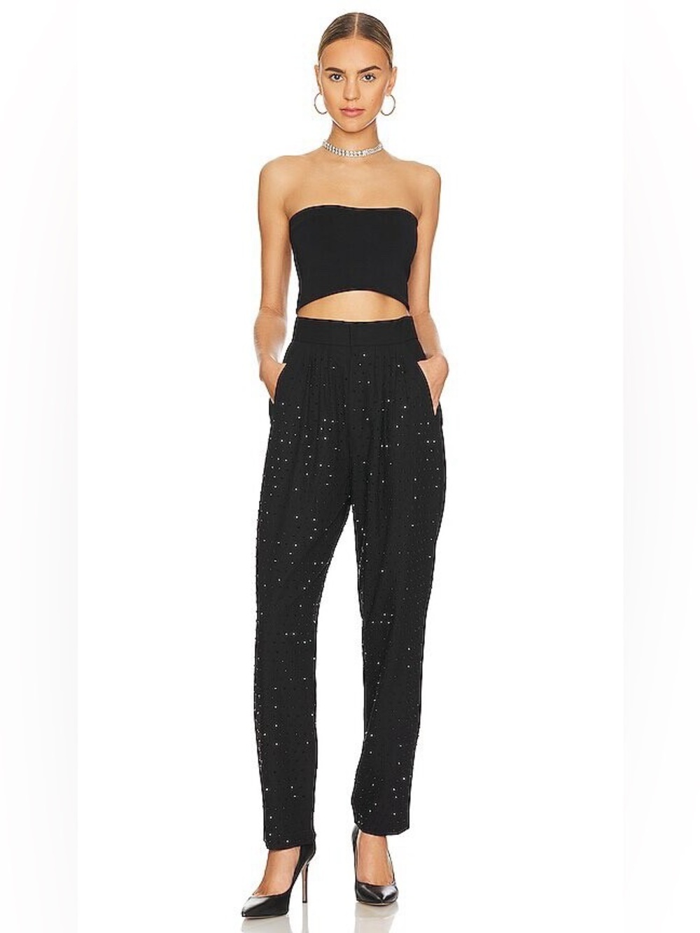 NONchalant Label Pepin Crystals Embellished High Rise Pants in Black